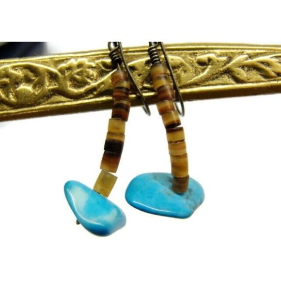 925 Turquoise Beads Earrings Hoop Hinge Clasp Sterling Silver Vintage Patina - Picture 4 of 4